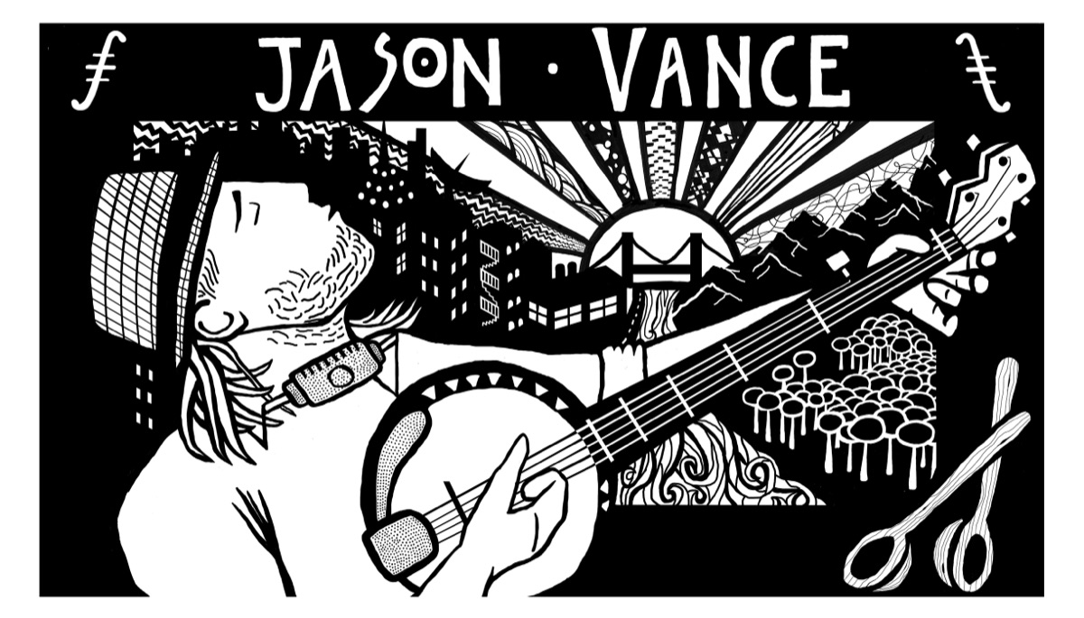 Jason Vance woodcut illustration — musician playing banjo with mountains and cityscape